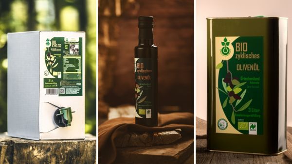 Olivenöl verschiedene Verpackungen: Bag in Box, Glasflasche, 3 Liter Kanister